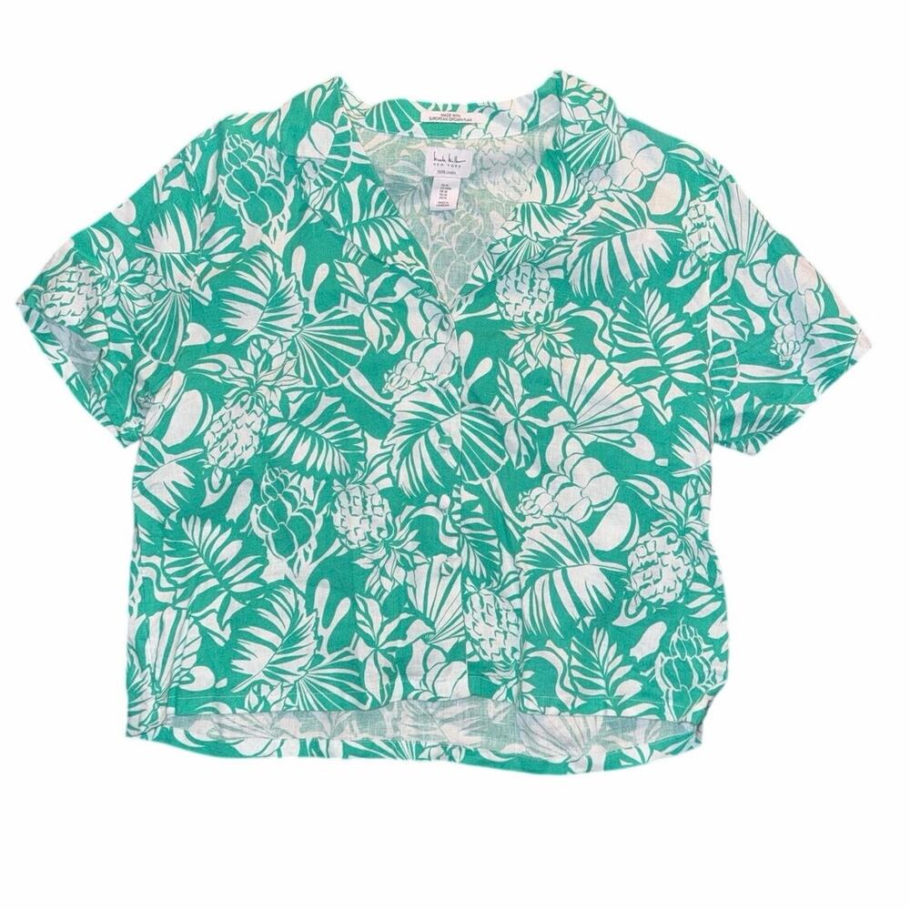 Nicole miller 100% linen button front green botanical tropical blouse top medium